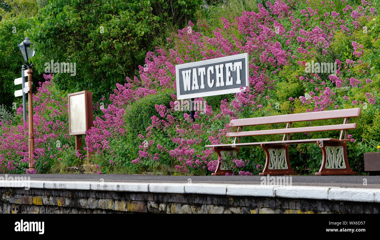 Watchet Station Sign & Bench, West Somerset Railway, Watchet, Somerset, UK Stock Photo