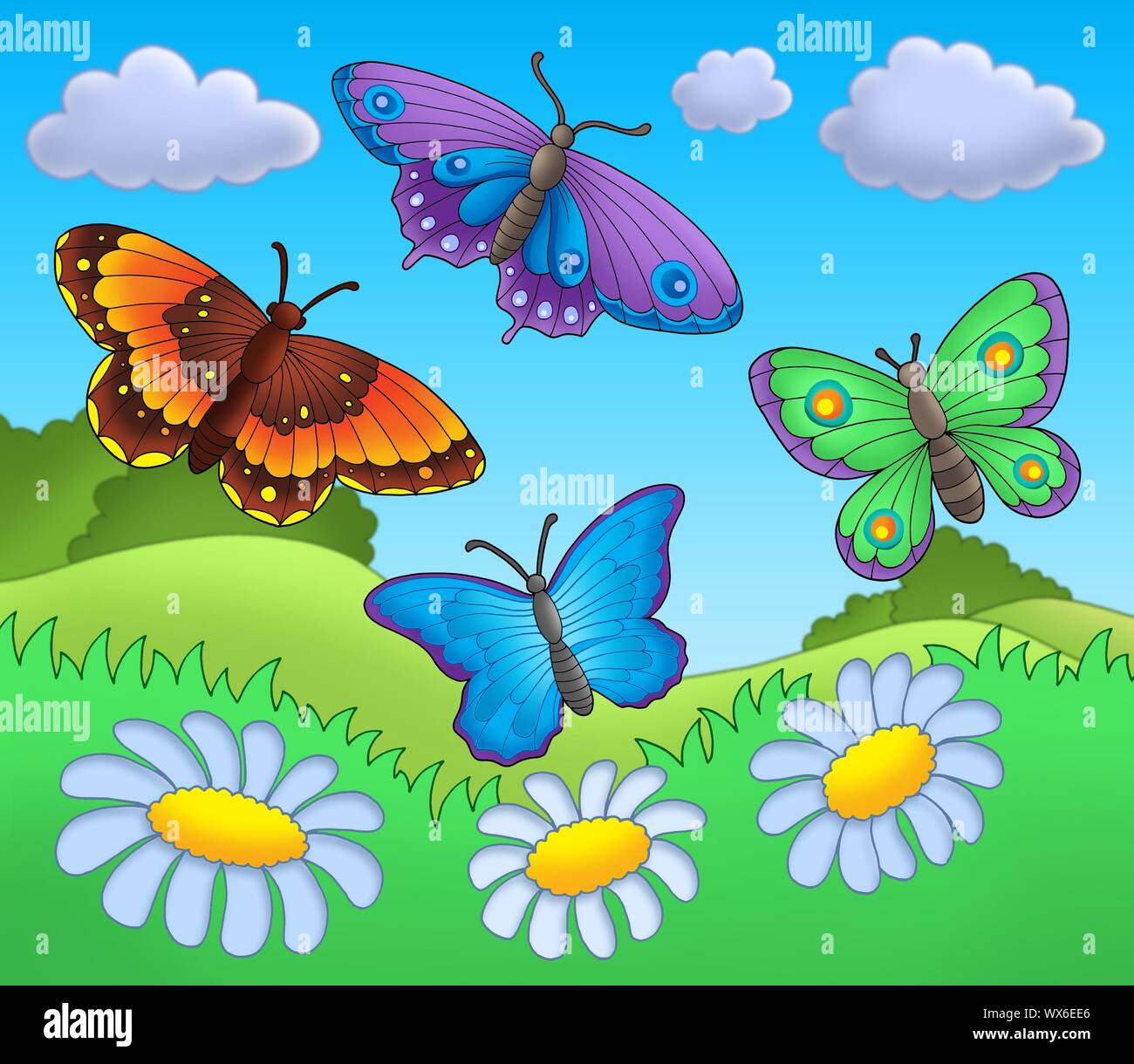 Butterflies on meadow - color illustration Stock Photo - Alamy