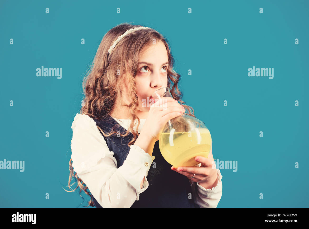 science research in lab. Small school girl. education and knowledge. Future. small girl scientist with testing flask. back to school. child study bilogy lesson. Ready for his final exam. Stock Photo