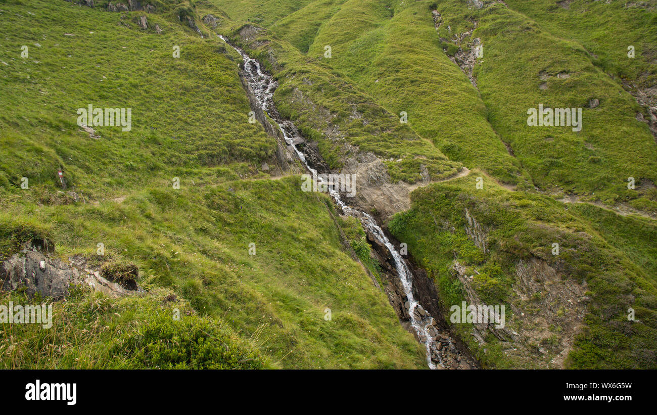 water stream through grass on mountain Stock Photo