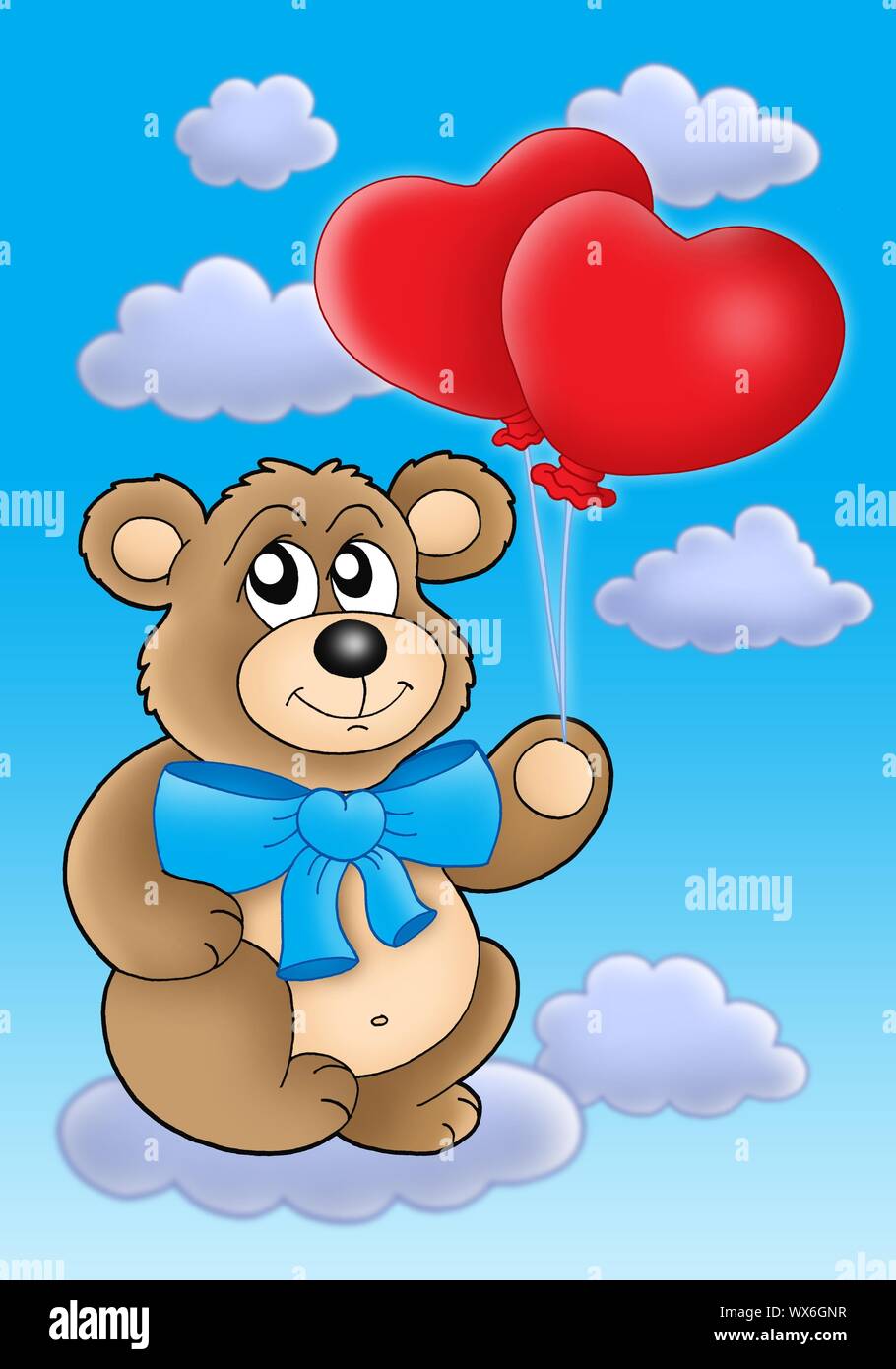 Teddy bear with heart balloons on blue sky - color illustration Stock ...