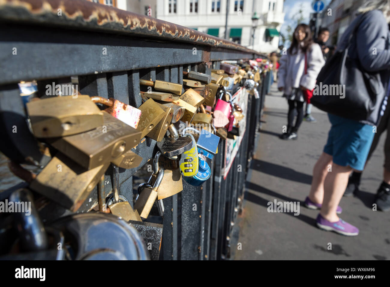 Love padlocks on the Nyhavnsbroen bridge in Copenhagen Stock Photo