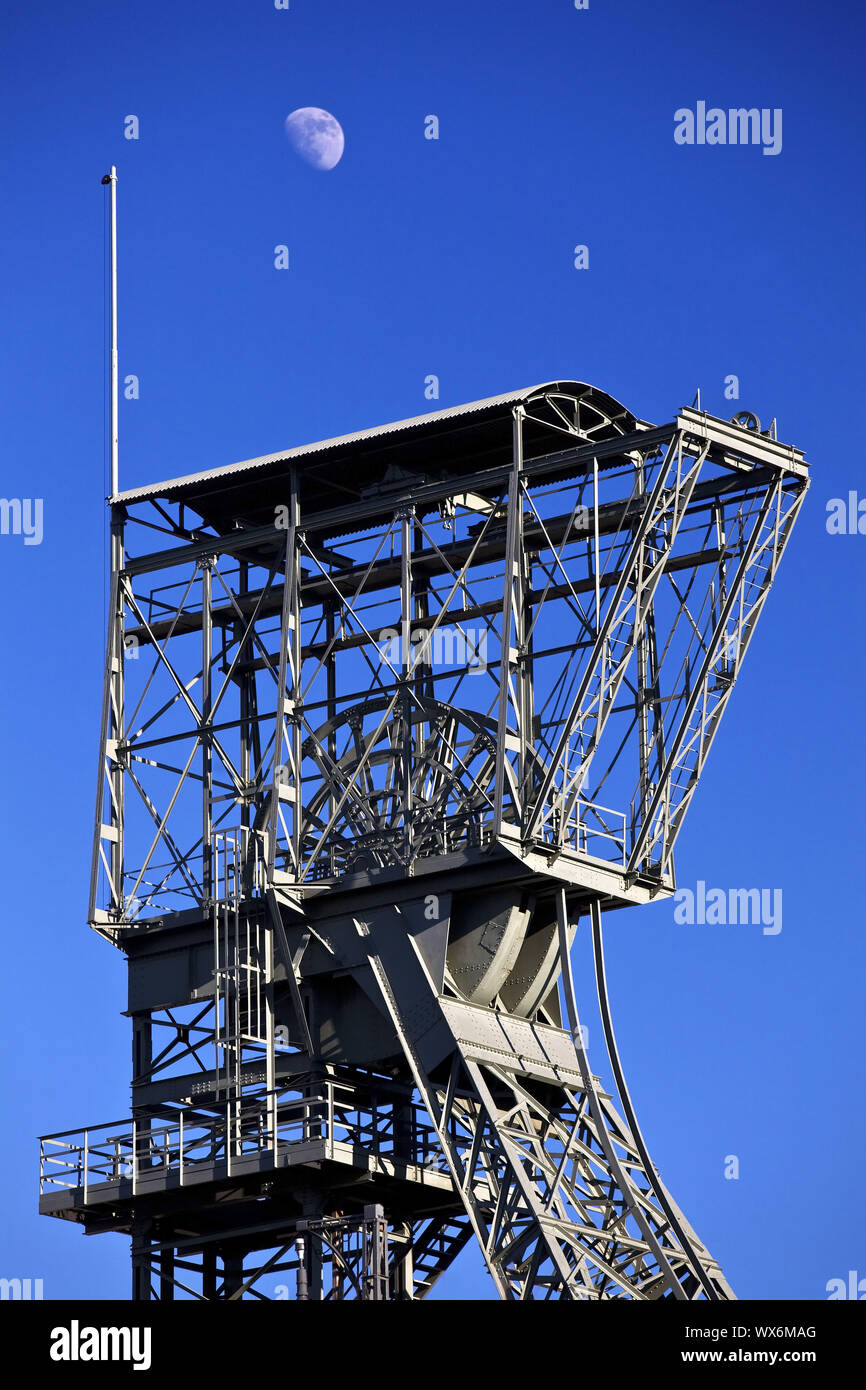 headframe of industrial museum Zollern with moon, Ruhr Area, North Rhine-Westphalia, Germany, Europe Stock Photo