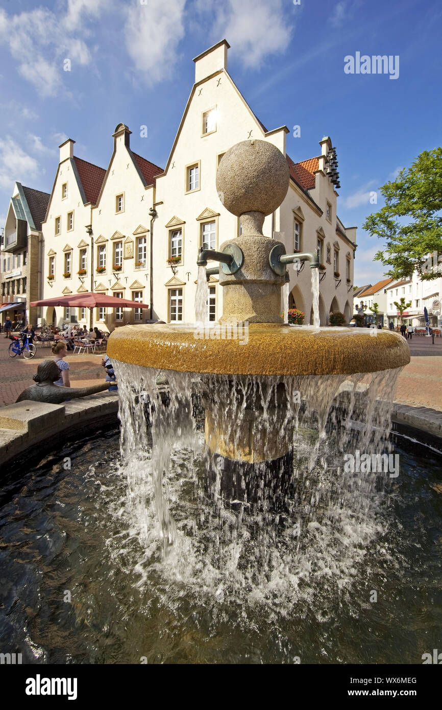 old city with market fountain and old town hall, Haltern am See, Ruhr Area, Germany, Europe Stock Photo