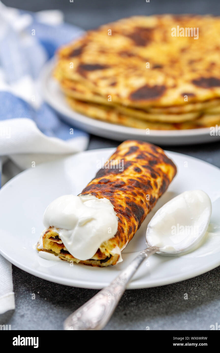 Norwegian potato pancakes lefse with sour cream Stock Photo Alamy