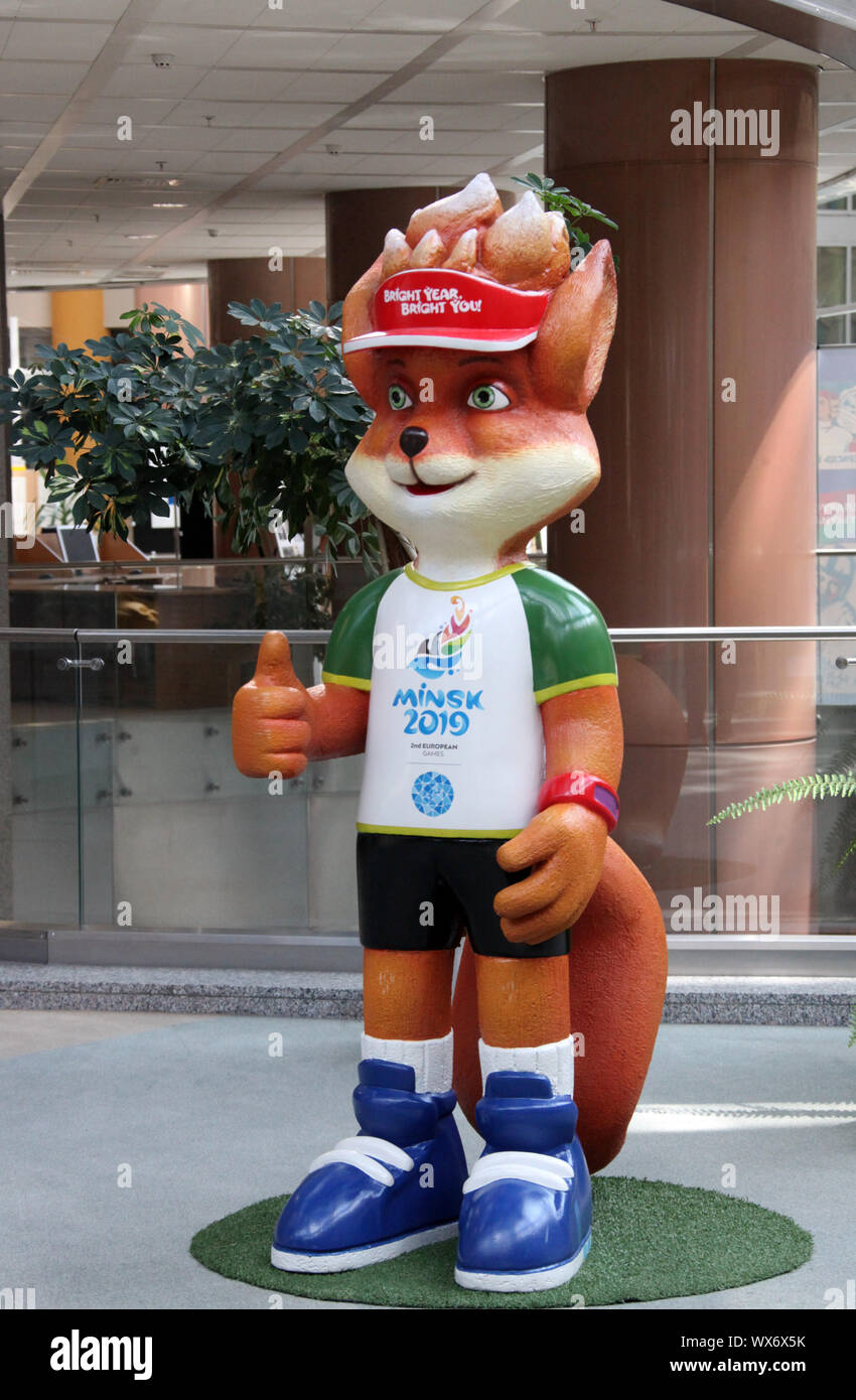 Lesik the baby fox mascot on display at Minsk National Library Stock Photo