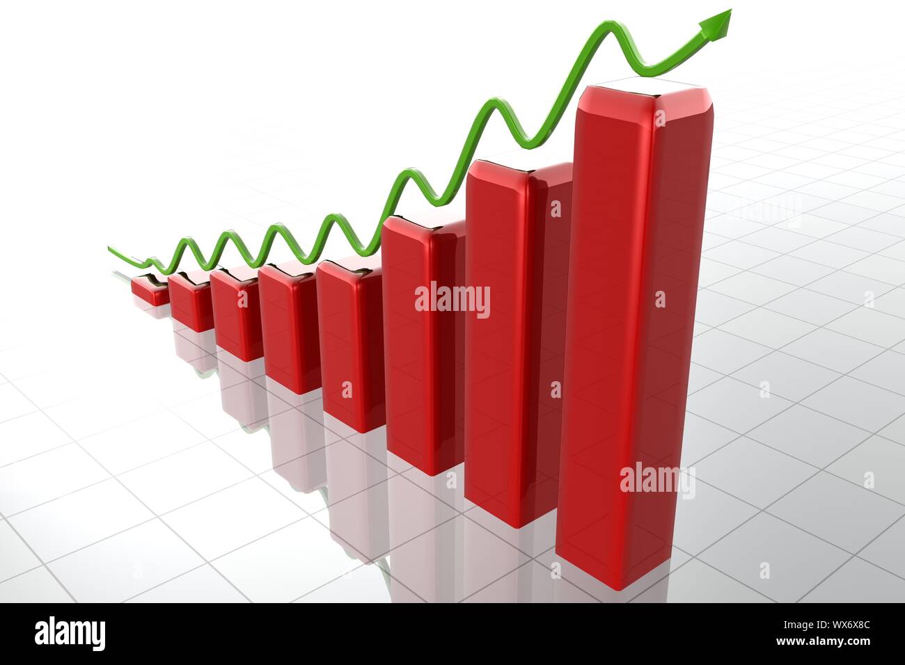 Illustrated red rising bars with green arrow on them Stock Photo - Alamy