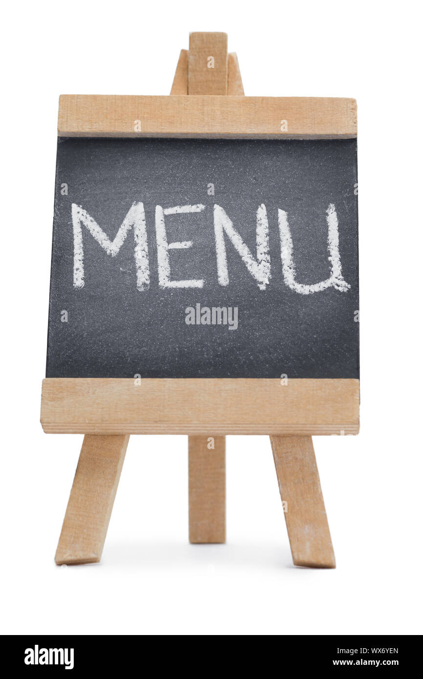 Chalkboard with the word menu written on it isolated against a white ...