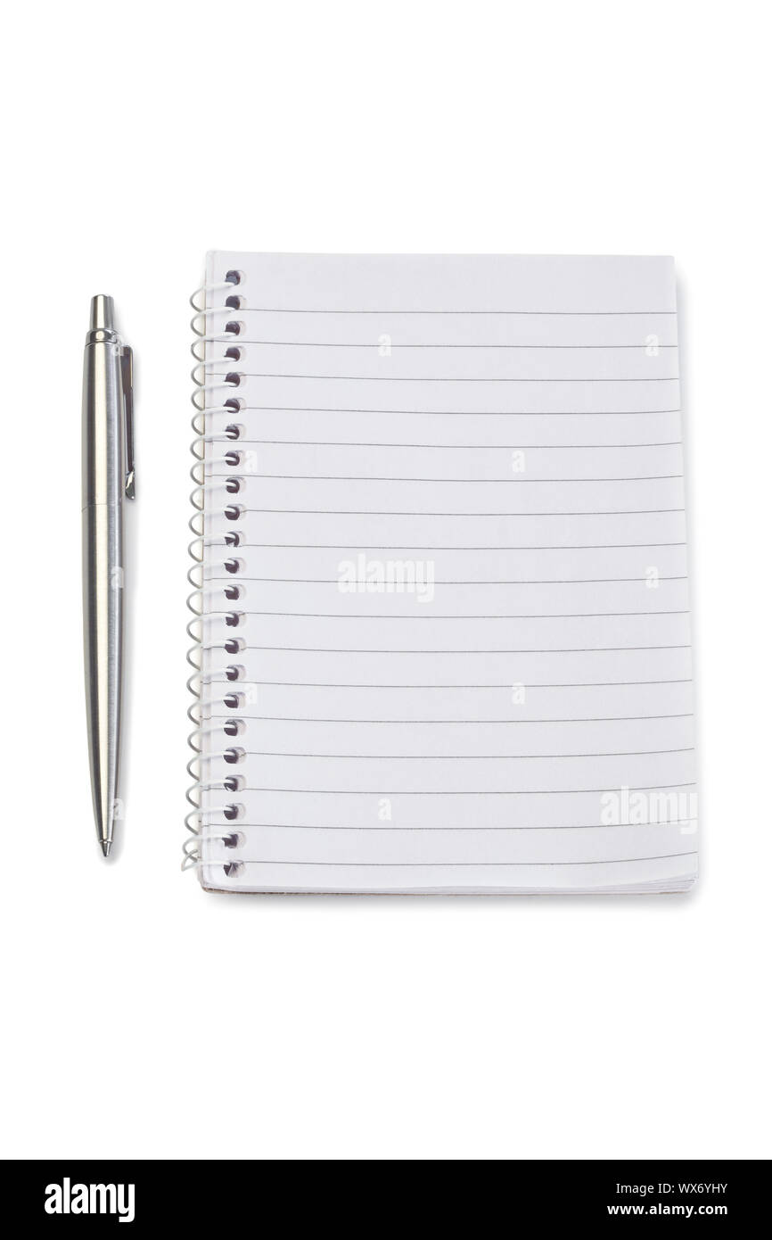 Notebook and silver pen on a white background Stock Photo