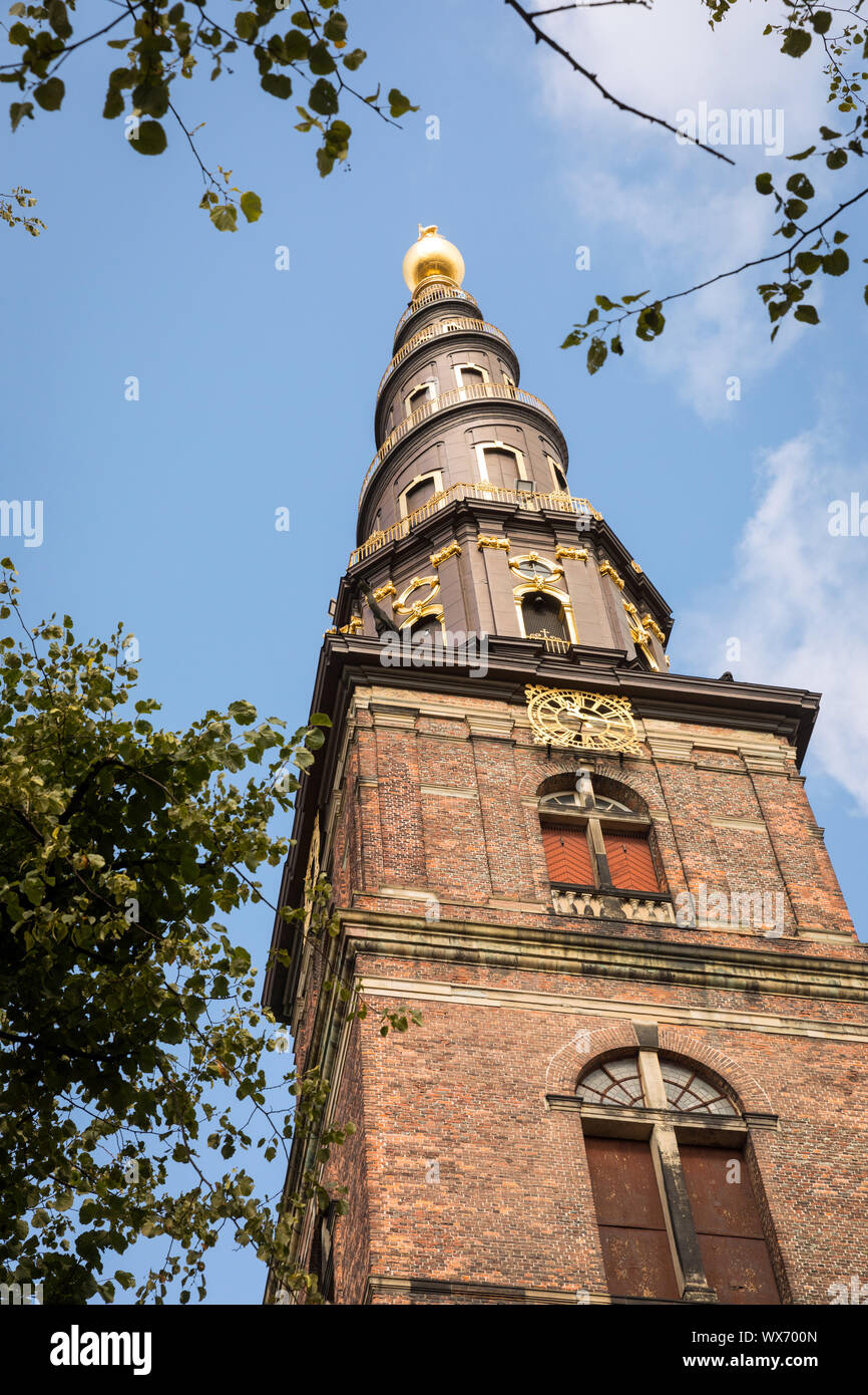 The spire on Vor Frelsers Kirke, or Church of Our Saviour, in Christianshavn, Copenhagen, with its external spiral staircase Stock Photo
