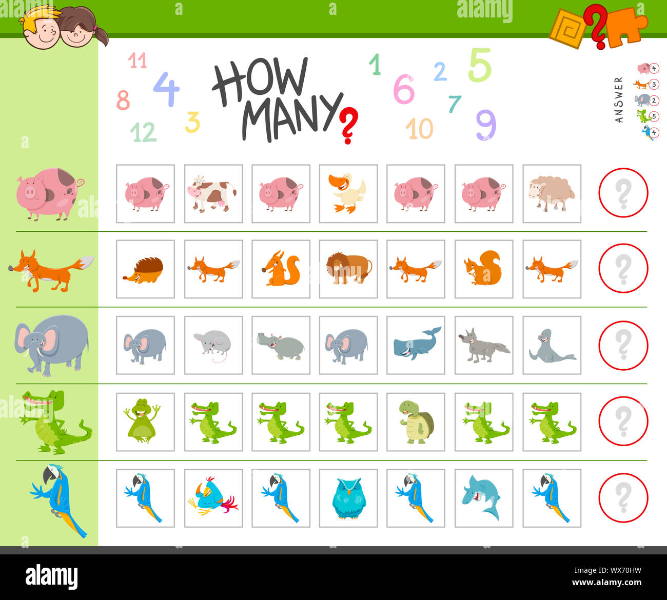 counting task with cartoon animals Stock Photo