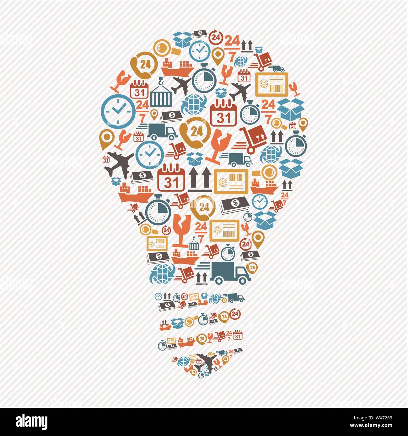 Idea light bulb, colorful shipping web icons composition. Stock Vector