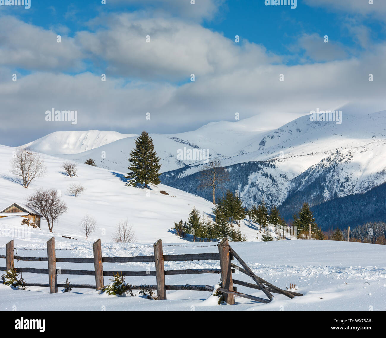 Winter  morning mountain rural snow covered path Stock Photo