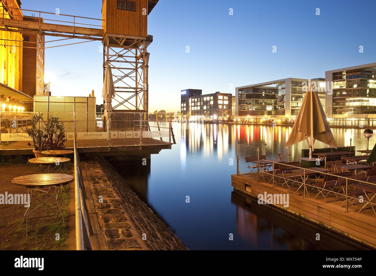 Duisburg inner Harbour in the evening, Duisburg, Ruhr Area, Germany, Europe Stock Photo