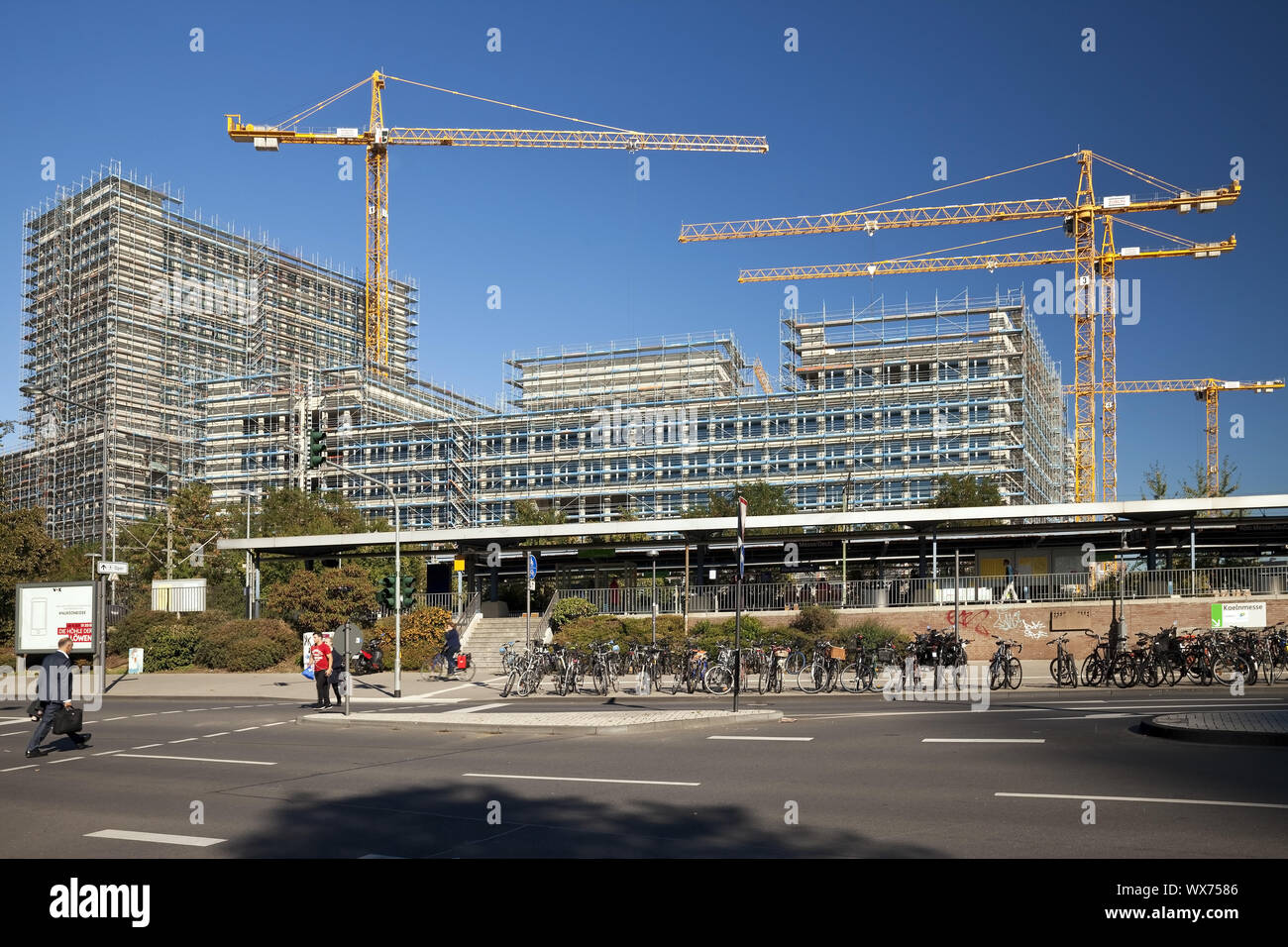 construction cranes on construction site Messe-City, Cologne, Rhineland, Germany, Europe Stock Photo