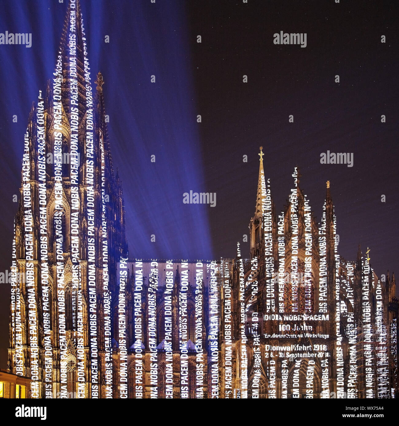 moving images illumination on Cologne Cathedral Dona Nobis Pacem, Cologne, Germany, Europe Stock Photo