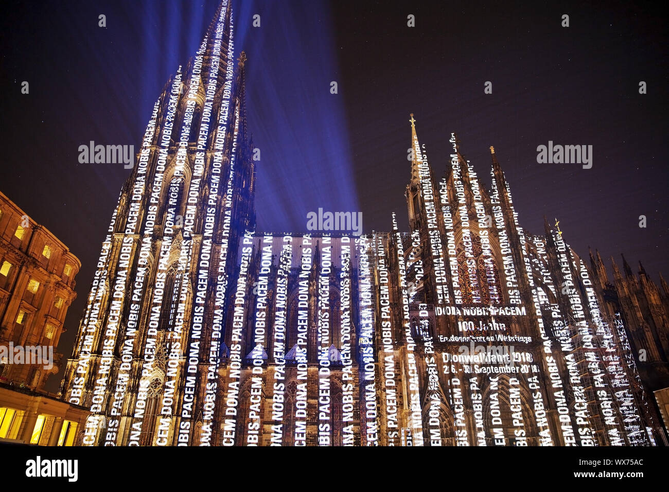 moving images illumination on Cologne Cathedral Dona Nobis Pacem, Cologne, Germany, Europe Stock Photo