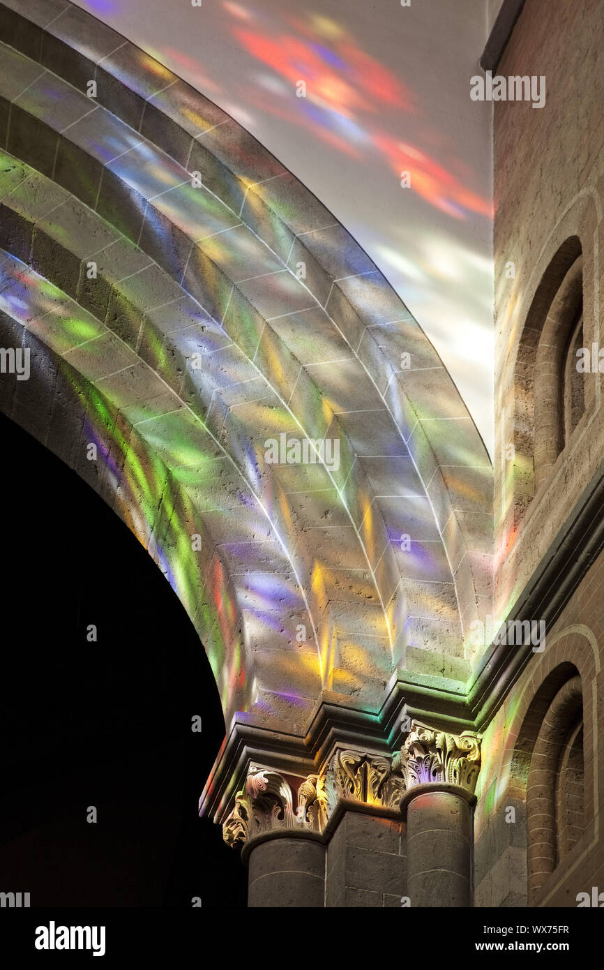 St. Andreas, stained glass windows colorful lights in interior