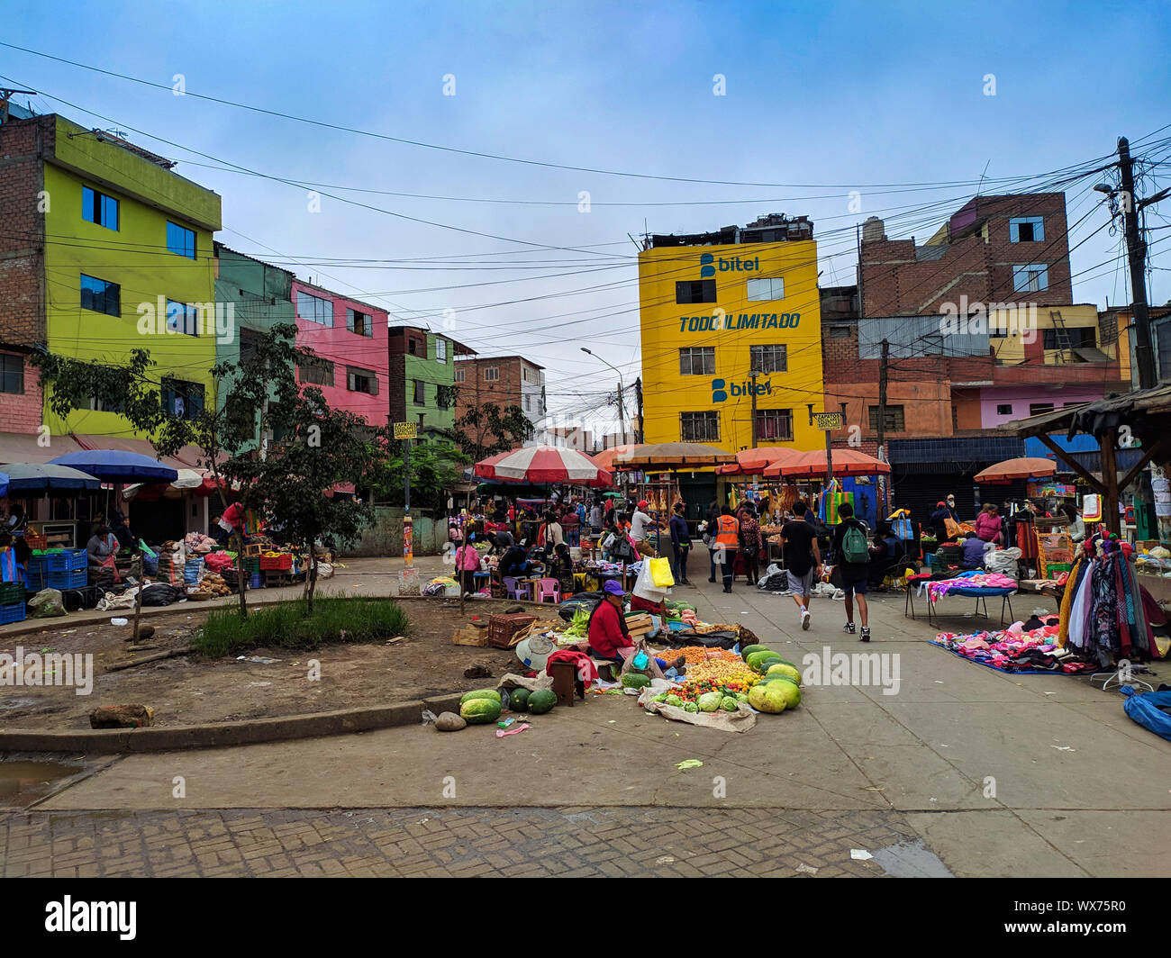 Caqueta shoe market at Lima Peru, also fruit and meat market Stock Photo