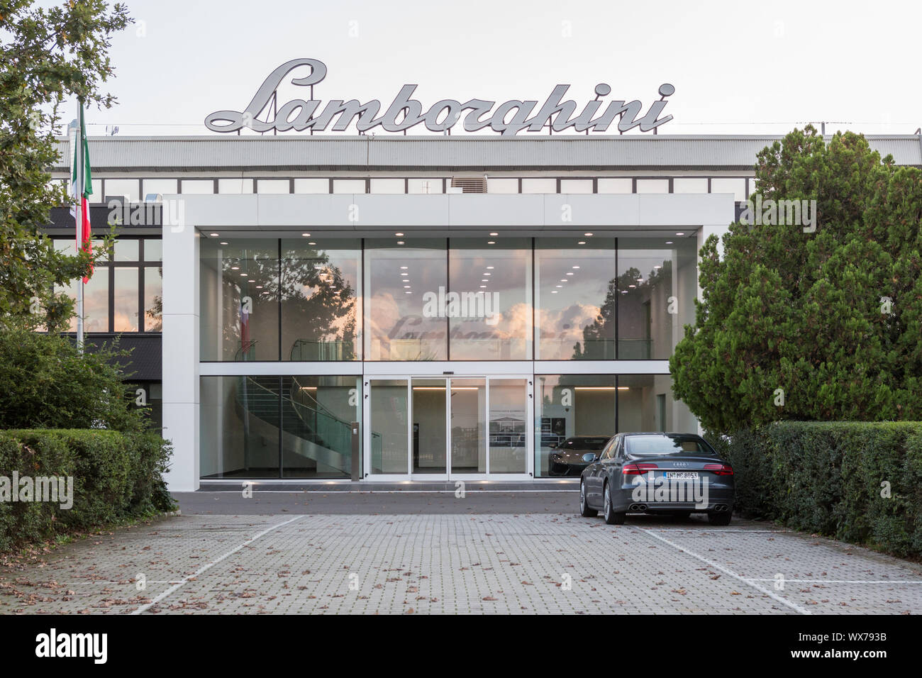 Bologna, Italy. 10 October 2015. Lamborghini headquarters in Sant'Agata Bolognese (Bologna, Italy) the dayafter Volkswagen Dieselgate car. Stock Photo