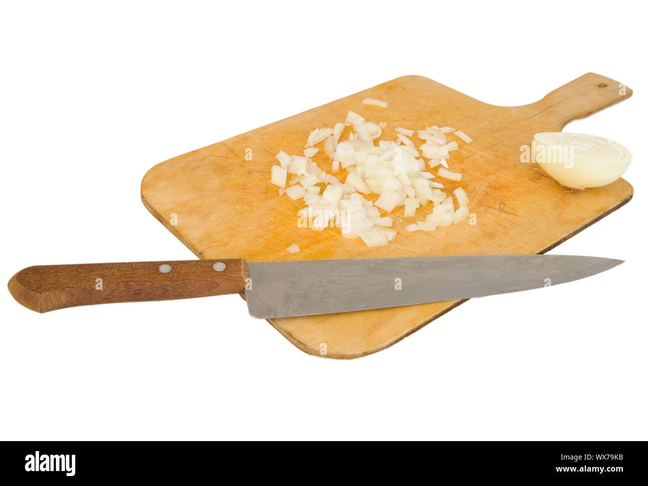 Knife and preparation board with onion on a white background Stock ...