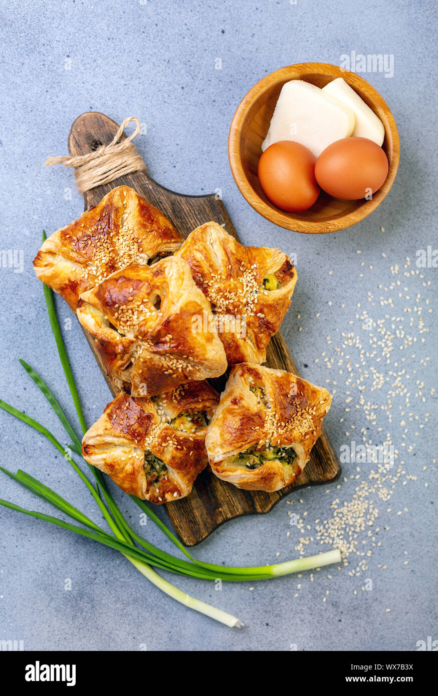 Puff pastry with spinach, egg, onions and cheese Stock Photo Alamy