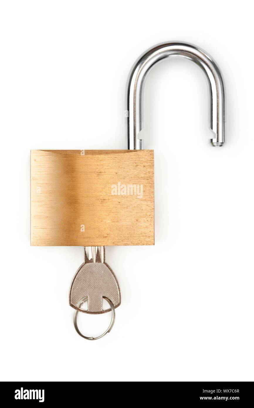 Unlocked padlock with key in it against white background Stock Photo ...