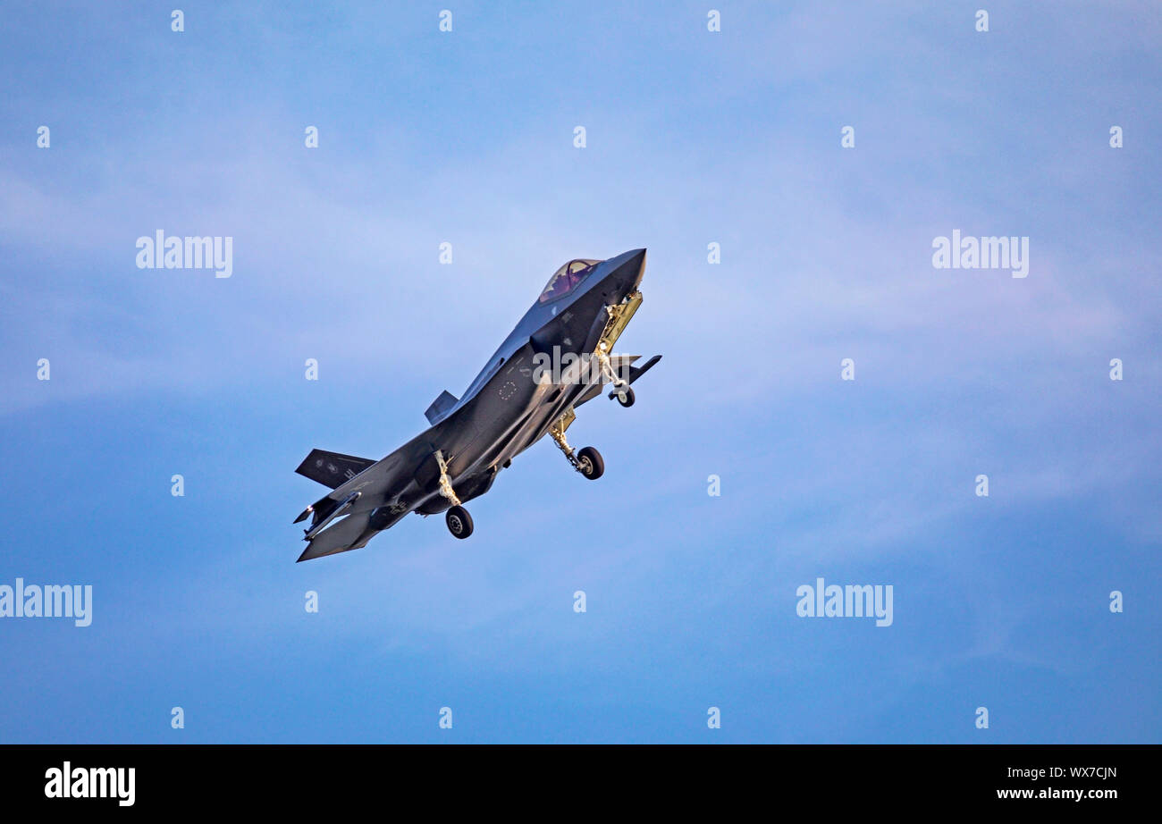 Is this shot a Lockheed Martin F-35A Lightning II jet fighter performs training exercises over Hill Air Force Base near Layton, Utah, USA. Stock Photo