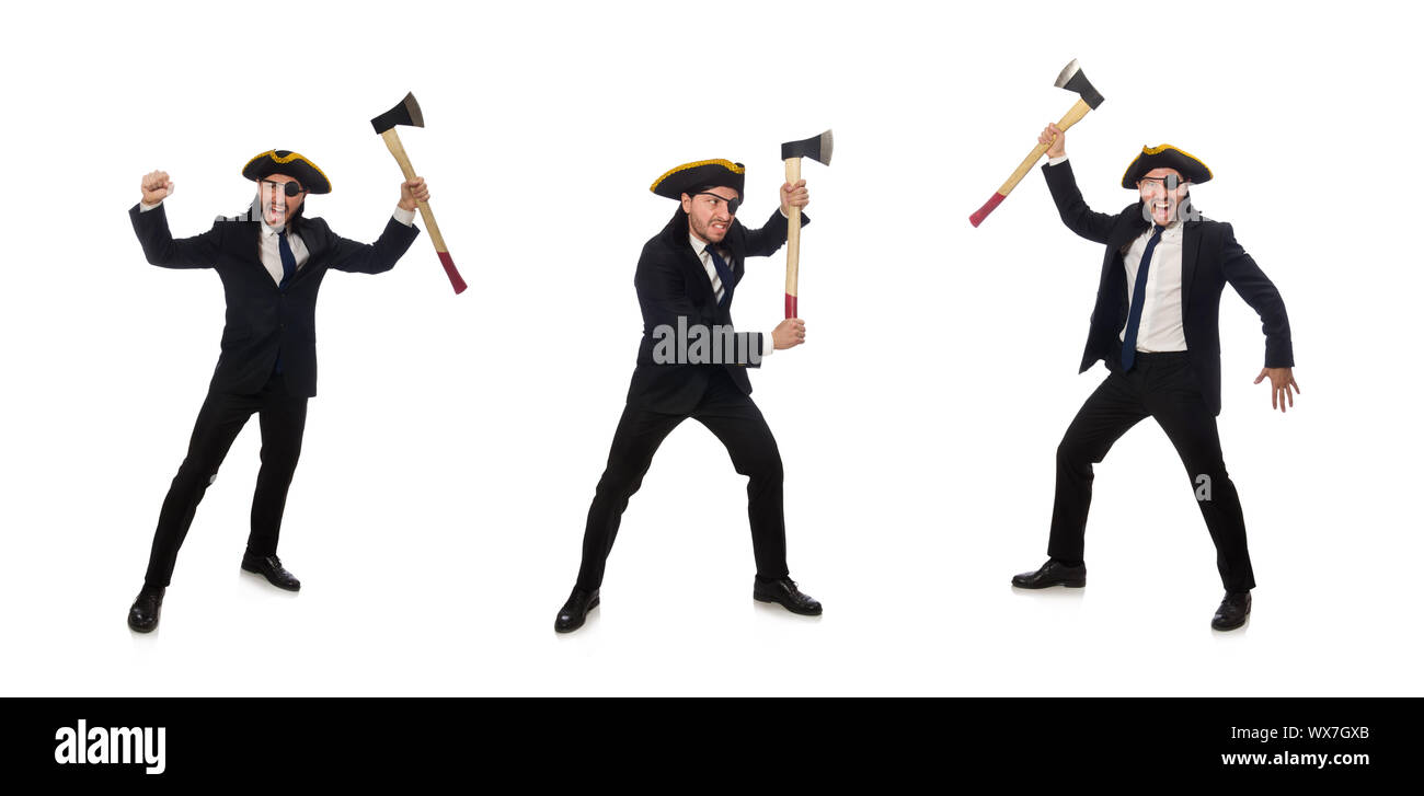 Pirate businessman with axe isolated on white Stock Photo Alamy