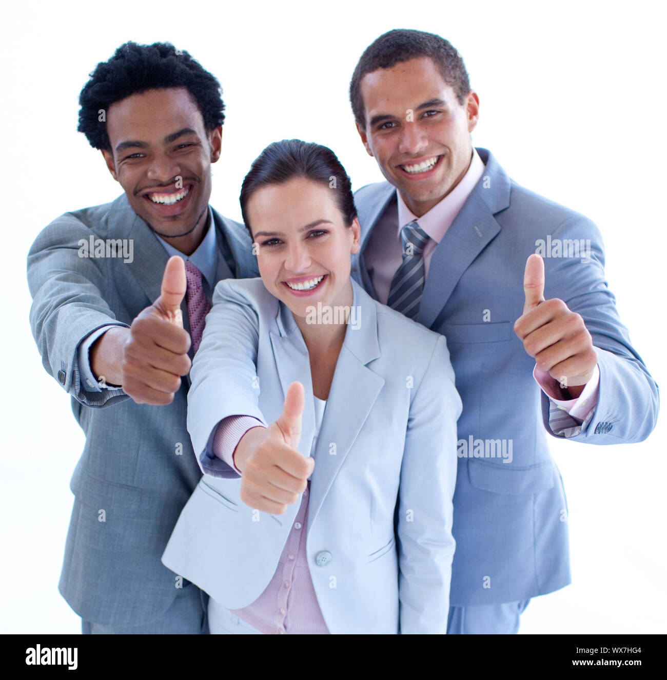 High angle of close-up happy business team with thumbs up Stock Photo ...