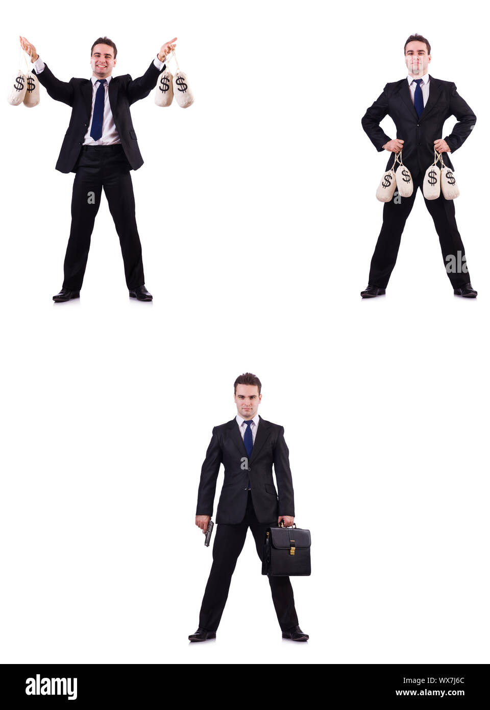 Businessman with money sacks, briefcase and handgun Stock Photo