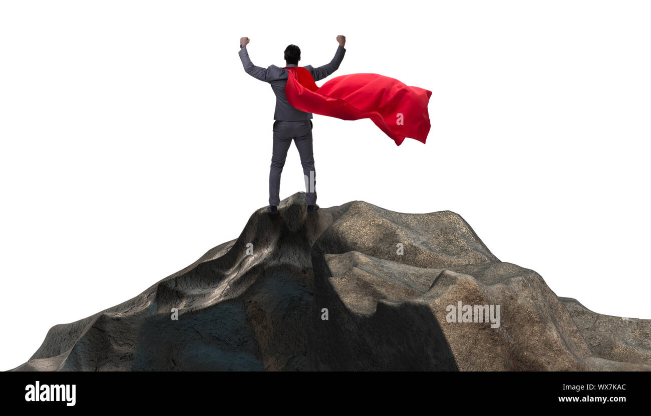Superhero businessman on top of mountain Stock Photo - Alamy