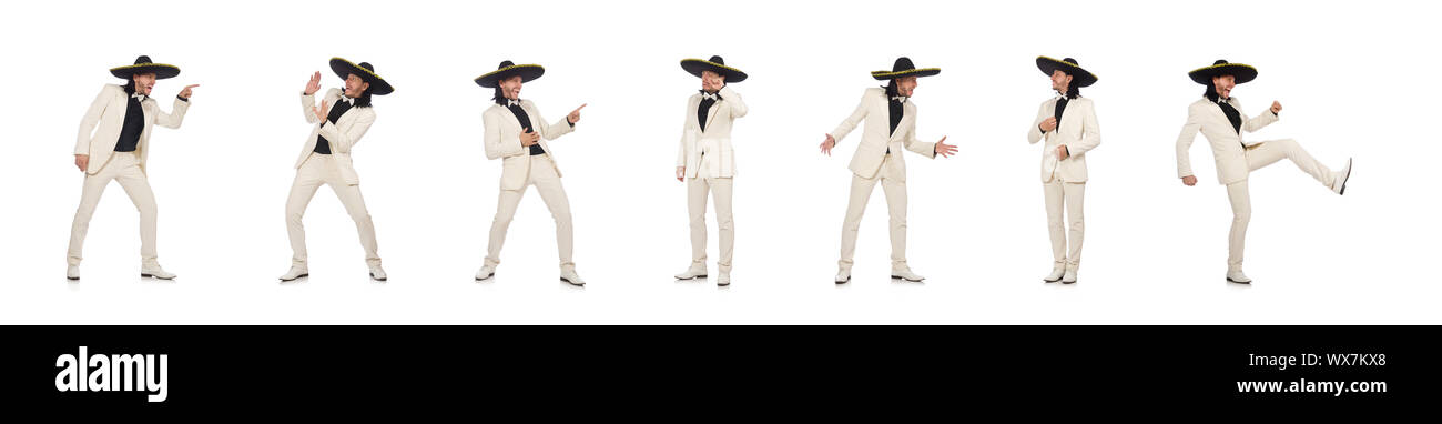 Funny mexican in suit and sombrero isolated on white Stock Photo