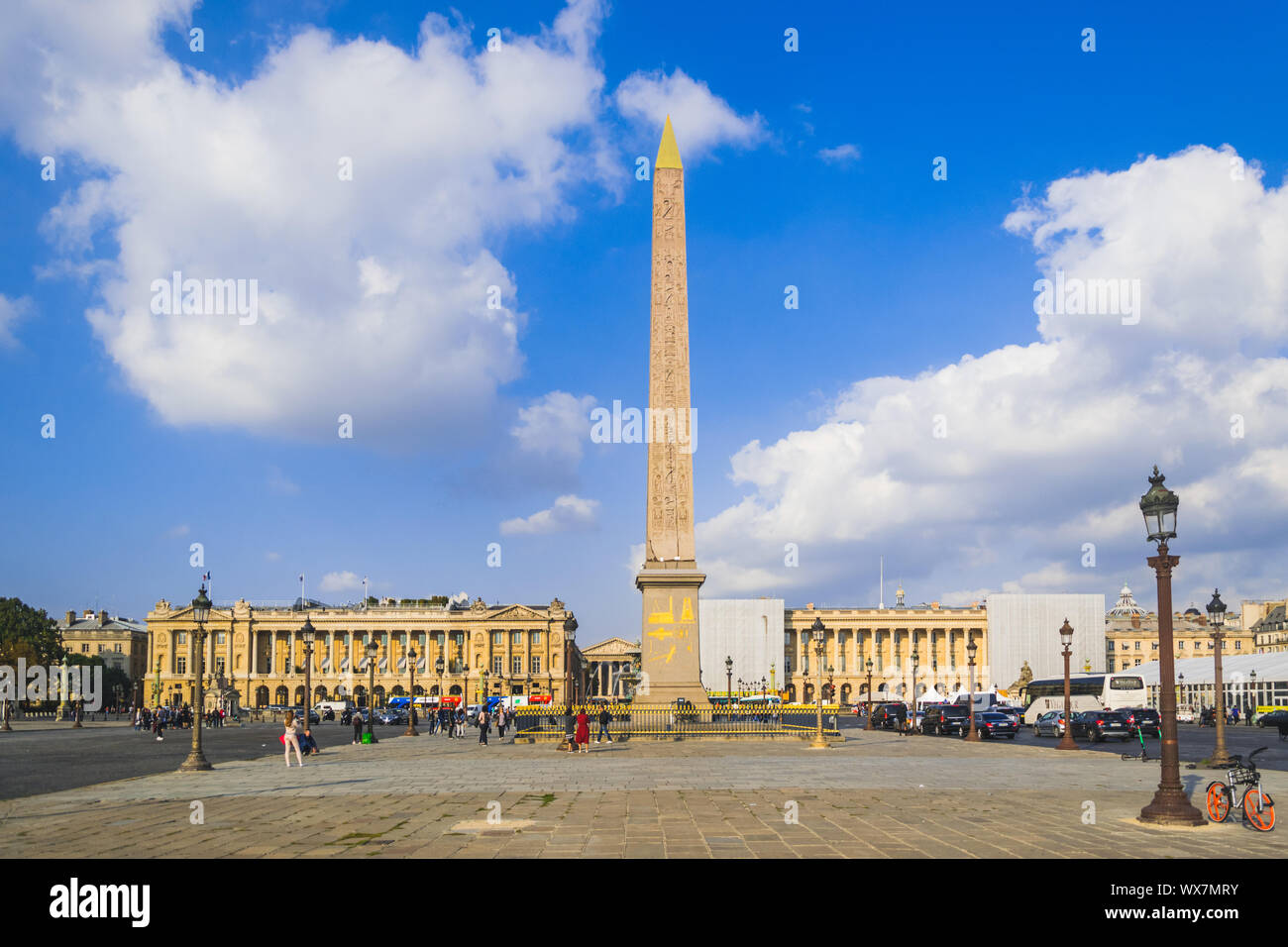 PARIS, FRANCE - 02 OCTOBER 2018:Obelisk Monument with blue sky at Place de la concorde Paris, France Stock Photo