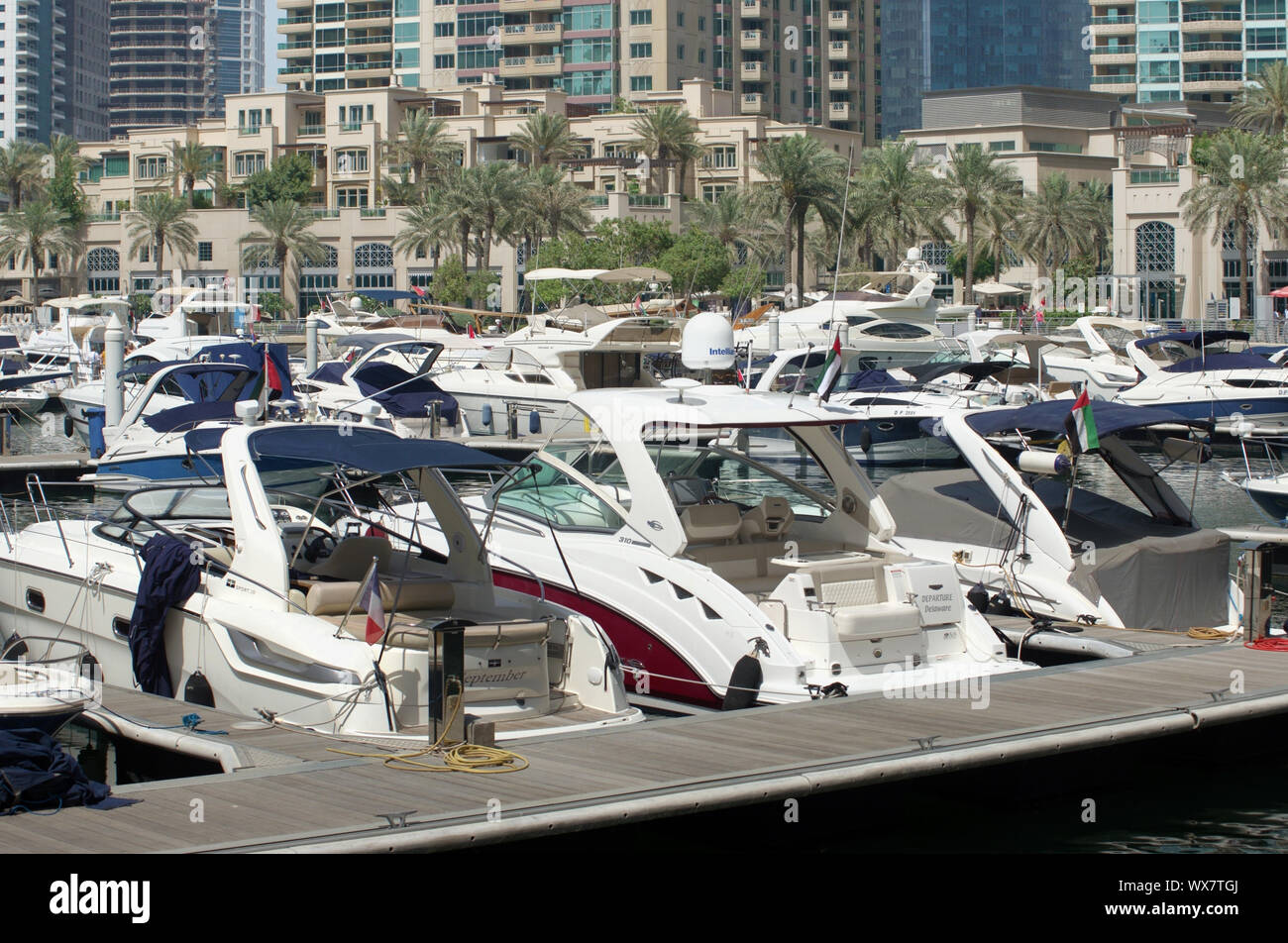 Luxury yachts and boats in the seaport Dubai Stock Photo