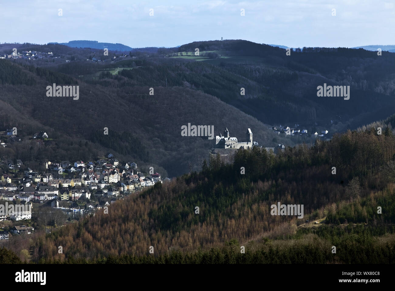 Hiking trail Sauerland-Hoehenflug, view to Burg Altena, Nachrodt-Wiblingwerde, Germany, Europe Stock Photo