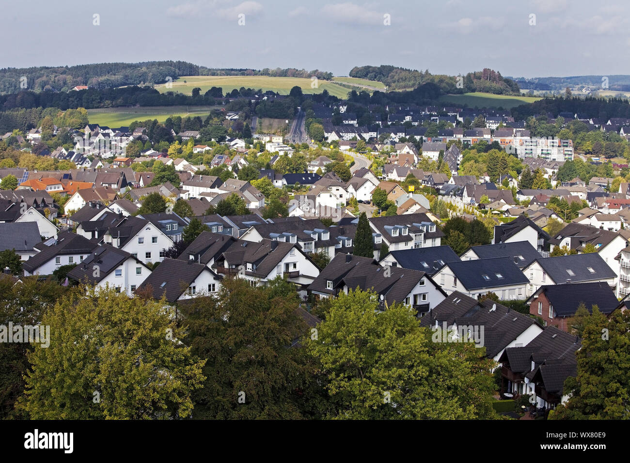 aerial view of a settlement, Meinerzhagen, Sauerland, North Rhine-Westphalia, Germany, Europe Stock Photo