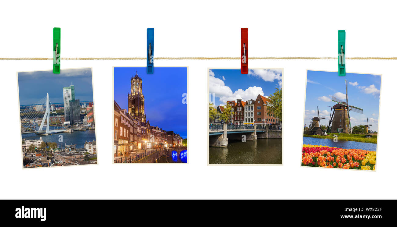 Netherlands travel images (my photos) on clothespins Stock Photo