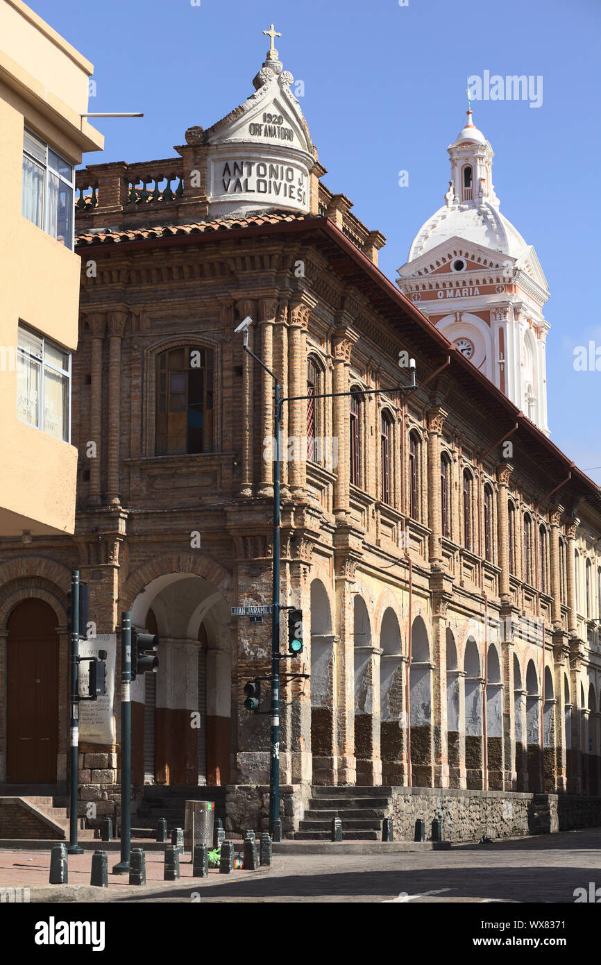 CUENCA, ECUADOR - FEBRUARY 13, 2014: The building of the San Francisco Parish on the corner of the streets Juan Jaramillo and Padre Aguirre in Cuenca Stock Photo