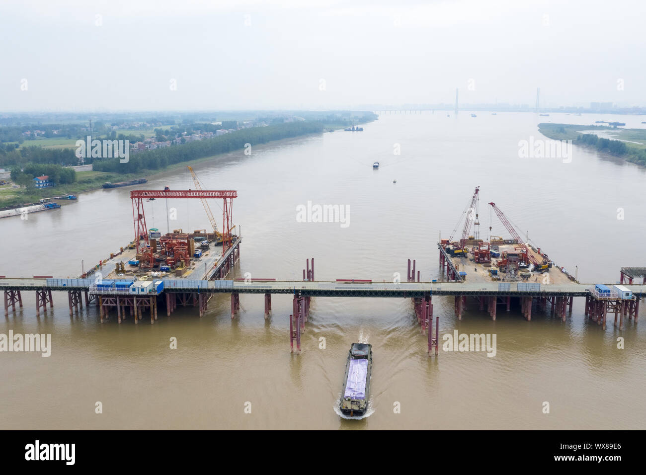 aerial view of bridge construction site Stock Photo