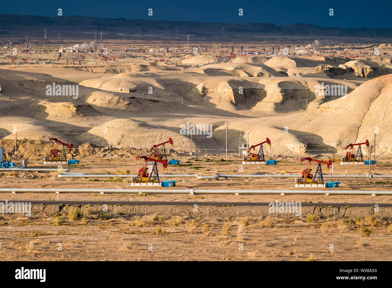 oil field operation area closeup on gobi Stock Photo