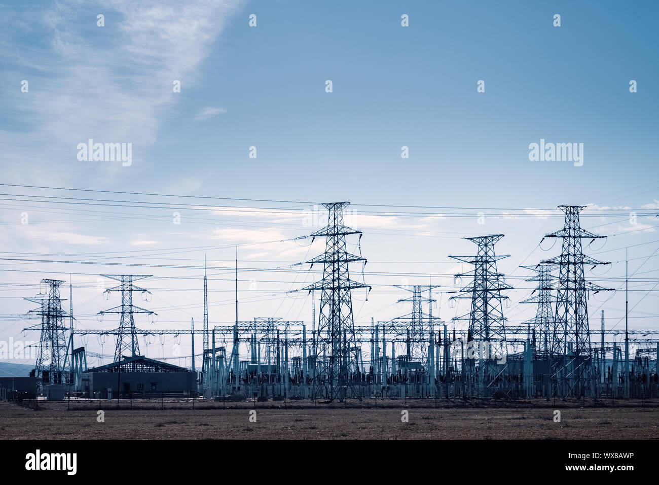 transformer substation and distribution of electric towers Stock Photo