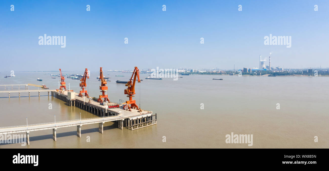 inland river modern cargo wharf panorama Stock Photo