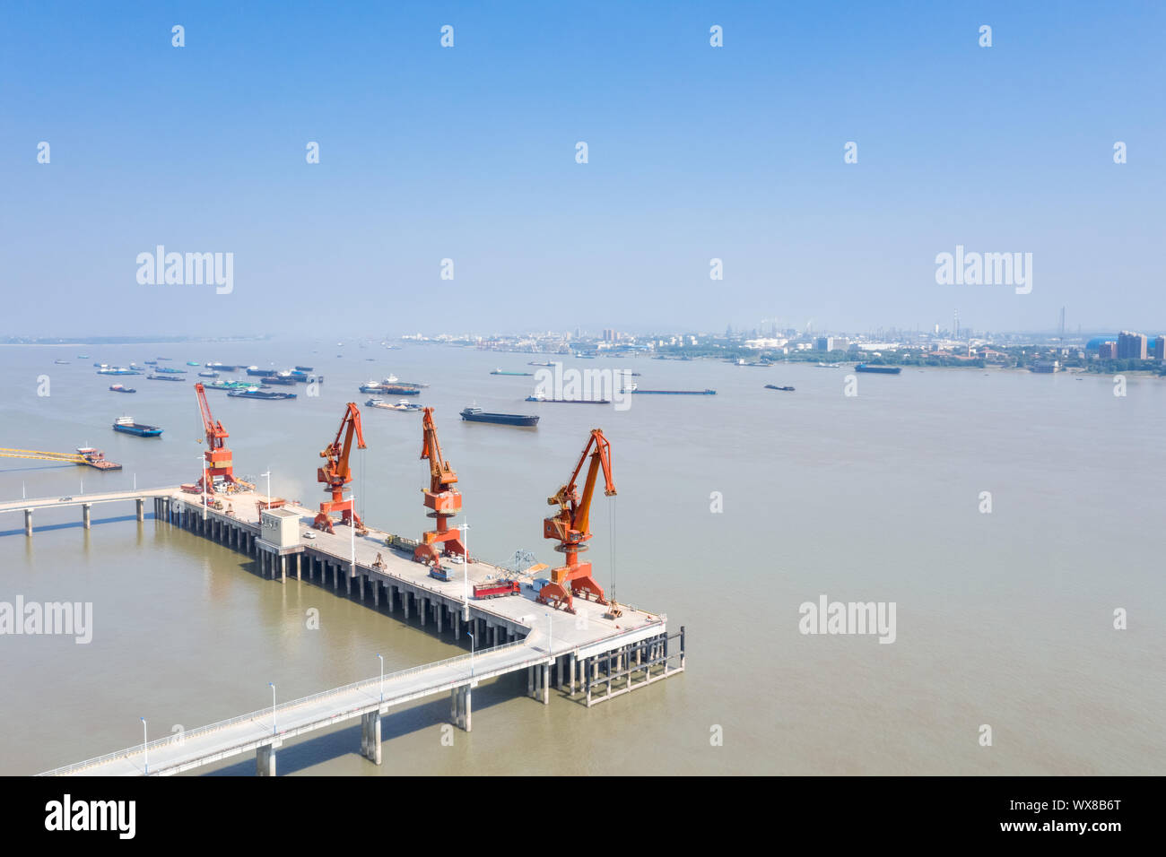 aerial view of wharf cranes on yangtze river Stock Photo