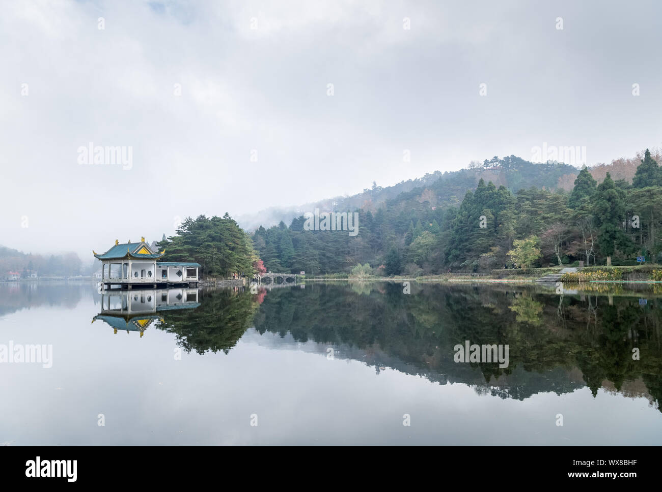 lushan landscape of traditional pavilion on lake Stock Photo
