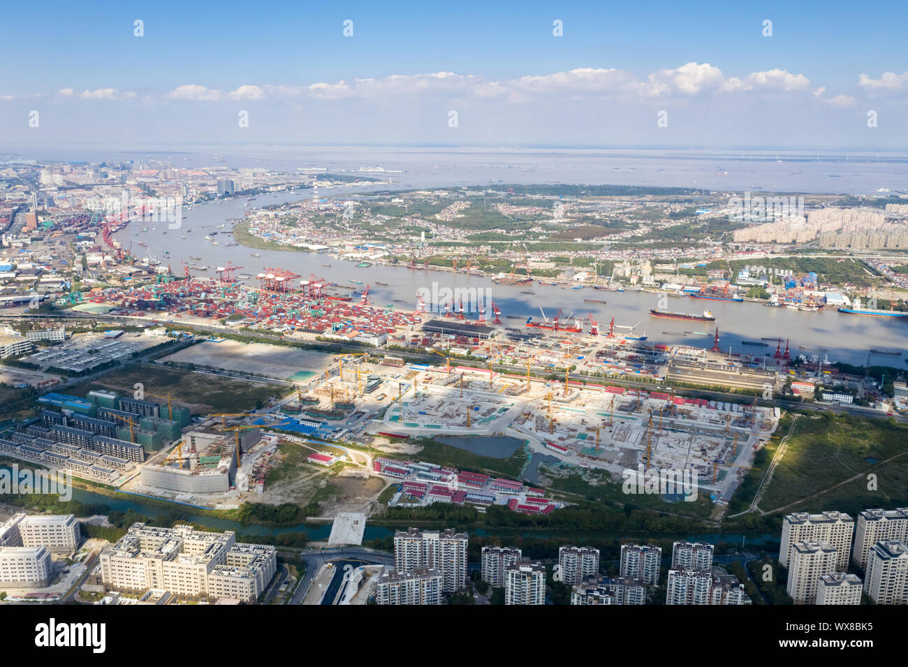 aerial view of huangpu river estuary, Stock Photo