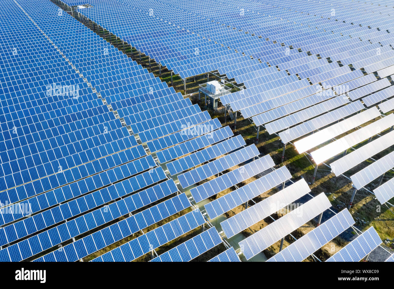 aerial view of blue solar panels Stock Photo