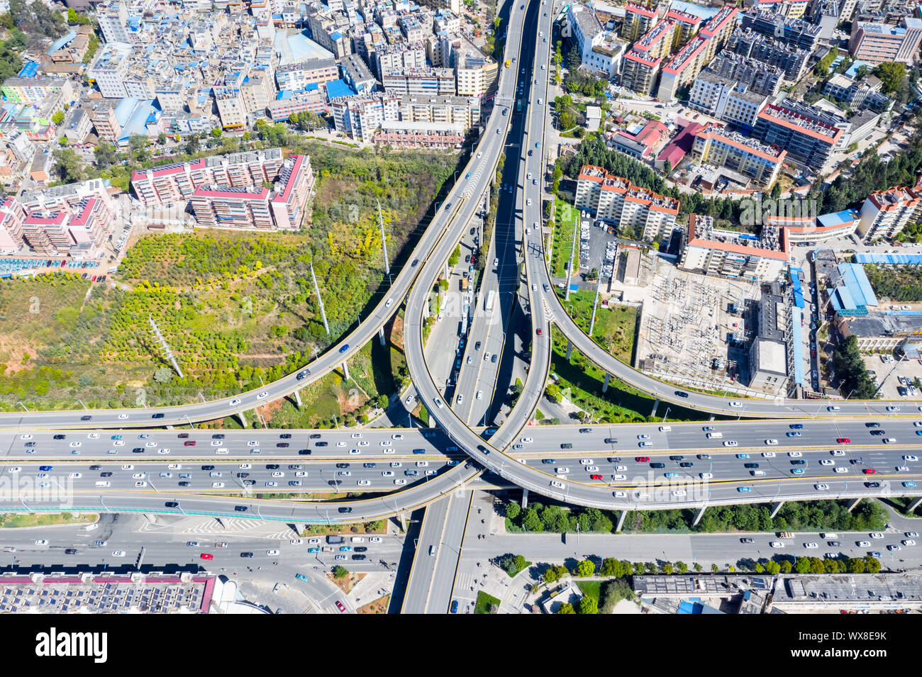aerial view of city road junction Stock Photo