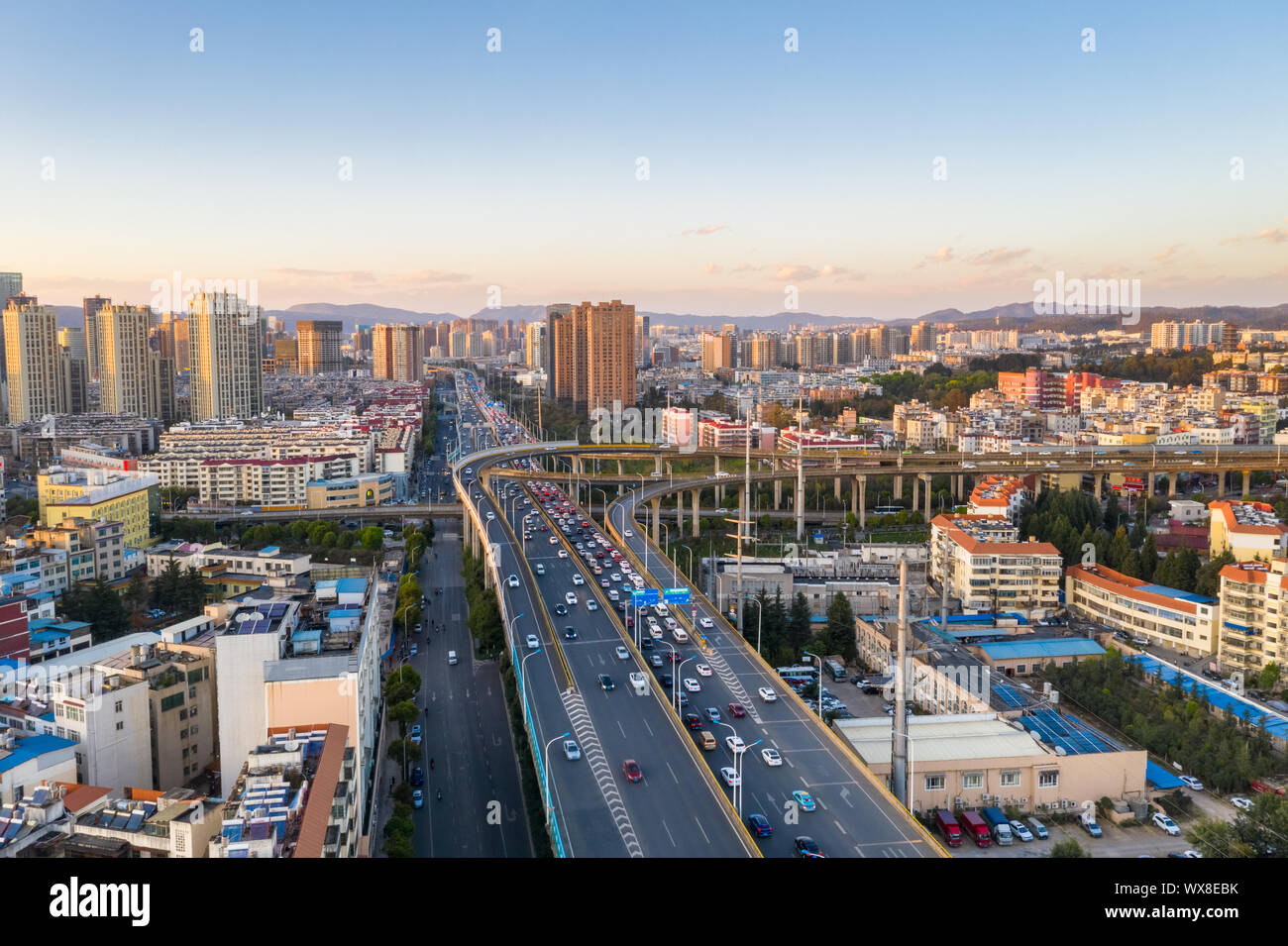 aerial view of elevated road at dusk Stock Photo