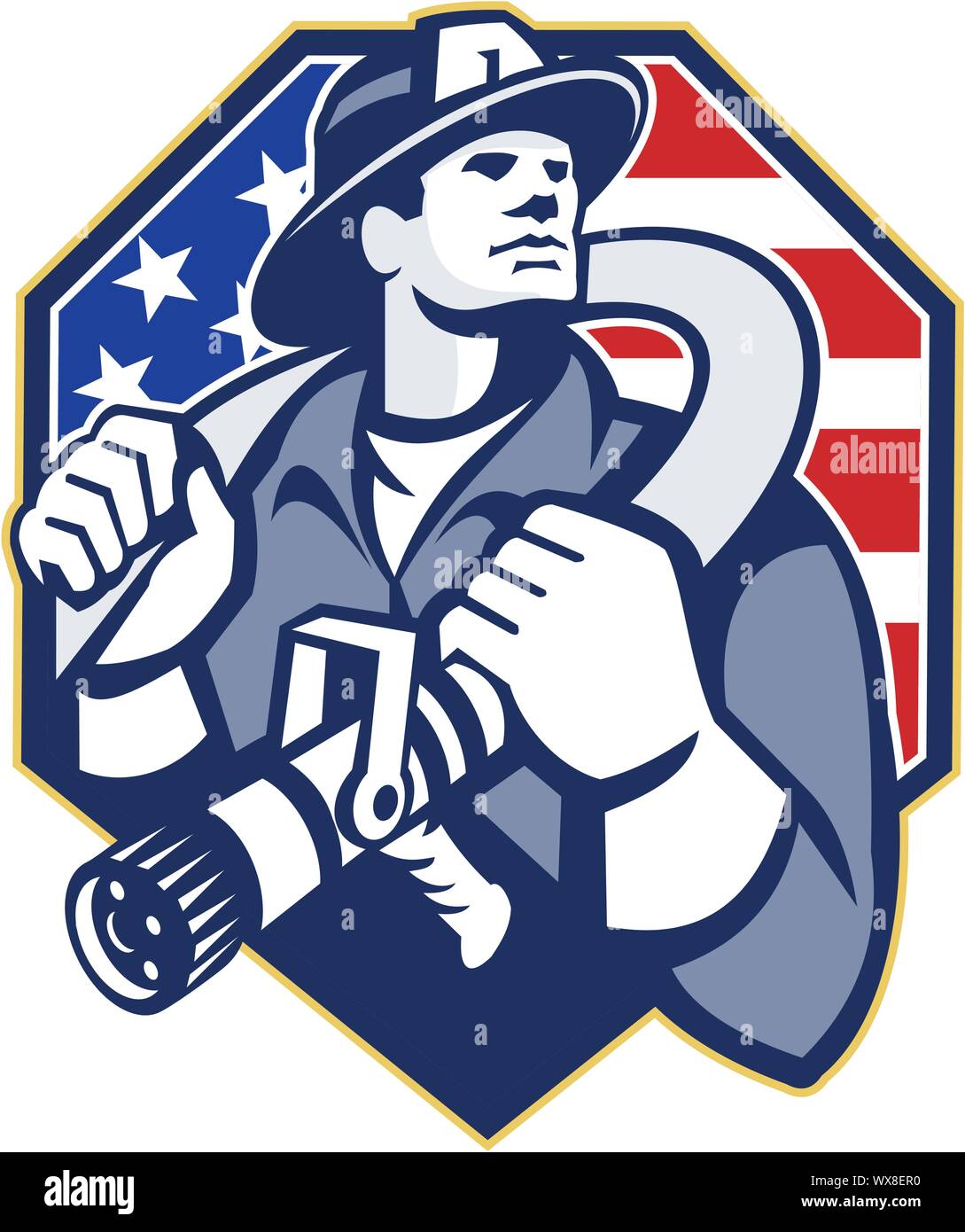 American Fireman Fire-fighter Fire Hose Retro Stock Vector Image & Art ...